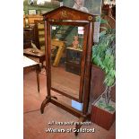 19TH CENTURY CONTINENTAL MAHOGANY CHEVAL MIRROR WITH GILT EMBELLISHMENTS, TURNED COLUMNS ON ARCHED