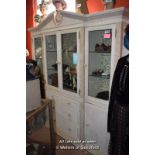 MODERN CREAM COLOURED BREAKFRONT DISPLAY CABINET WITH FOUR GLAZED DOORS OVER DRAWERS AND