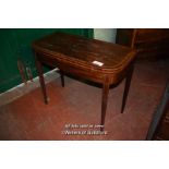 GEORGE III BOXWOOD INLAID MAHOGANY D SHAPED CARD TABLE ON TAPERING SQUARE LEGS, 91CM WIDE (SOR)