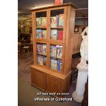 EDWARDIAN OAK DISPLAY CABINET WITH TWO PAIRS OF GLAZED DOORS OVER PANELLED CUPBOARD DOORS, 214CM X