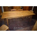 ELM PLANK TOP REFECTORY TABLE ON TAPERING SQUARE LEGS, 230CM X 96CM