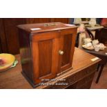 VICTORIAN MAHOGANY COLLECTORS CABINET WITH TWO PANELLED DOORS ENCLOSING A SHELF, BRASS CARRYING