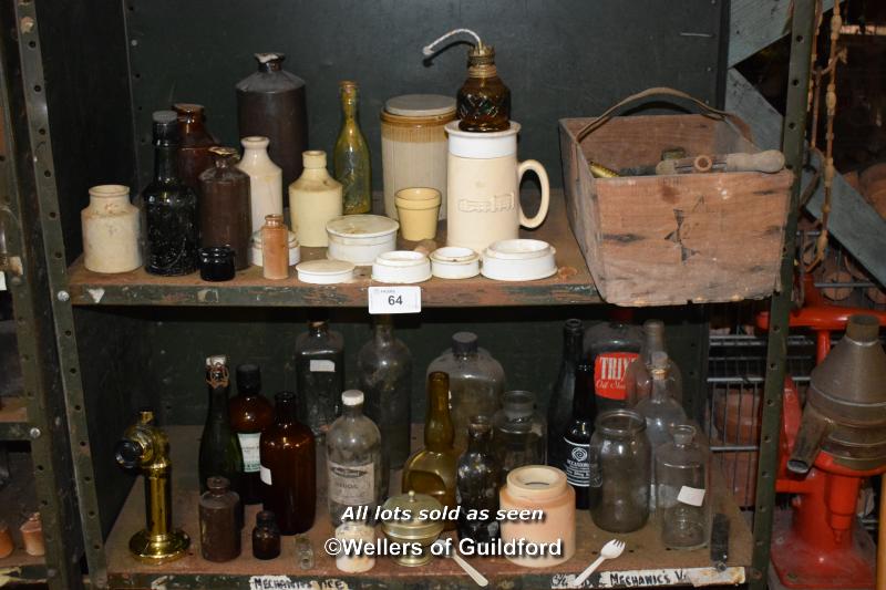 THREE SHELVES OF OLD BOTTLES, POTS AND JARS