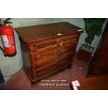 19TH CENTURY CONTINENTAL FLAME MAHOGANY CHEST OF FOUR LONG DRAWERS, 114CM WIDE