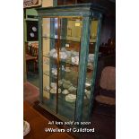 GREEN PAINTED AND BRASS MIRRORBACK DISPLAY CABINET WITH ALL ROUND GLAZED PANELS, 200CM X 116CM