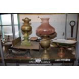 TWO BRASS OIL LAMPS AND FOUR SETS OF SCALES