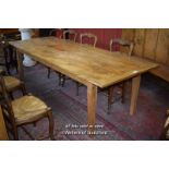RECTANGULAR ELM PLANK TOP REFECTORY STYLE TABLE WITH CLEATED ENDS, TAPERING SQUARE LEGS, 253CM X