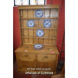 SMALL PINE DRESSER WITH OPEN SHELVING OVER TWO DRAWERS WITH CUPBOARDS BELOW, 194CM X 121CM
