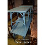 FOUR MIXED BLUE WICKER TABLES