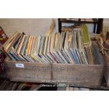 LARGE VINTAGE WOODEN CRATE OF MIXED VINYL RECORDS OF DIFFERENT GENRES