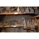 OLD WOODWORKING PLANES, LEVELS AND CLAMPS (2 SHELVES)