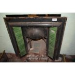 DECORATIVE CAST IRON FIRE INSERT WITH GREEN TILES, 97CM X 97CM