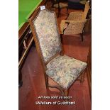 SET OF SIX HIGH BACK OAK FRAMED DINING CHAIRS WITH OVERSTUFFED SEATS AND BACKS, TURNED SUPPORTS