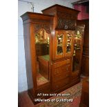 VICTORIAN WALNUT TRIPLE WARDROBE WITH ORNATELY CARVED LION HEAD HANDLE TO TOP BOX, OVER TWO MIRRORED