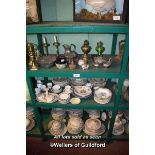 THREE SHELVES OF MAINLY PORCELAIN AND PEWTER, BRASS AND SILVERPLATE