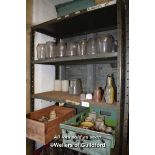 TWO SHELVES OF GLASS JARS AND BOTTLES