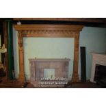 TALL DECORATIVE PINE FIRE SURROUND WITH ACANTHUS LEAF CORBELS, 280CM X 26CM X 234CM