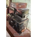 TWO LARGE TIN TRUNKS, SMALL TIN TRUNKS AND LEATHER SUITCASE