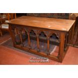 VICTORIAN OAK ALTAR TABLE, THREE SIDES WITH TURNED AND PIERCED ORNATE SUPPORTS, 171CM X 79CM