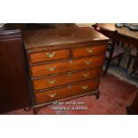 GEORGIAN MAHOGANY CROSSBANDED OAK CHEST OF TWO SHORT AND THREE LONG DRAWERS ON BRACKET FEET, 95CM