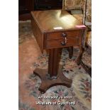 VICTORIAN MAHOGANY DROP LEAF WORK TABLE WITH TWO FRIEZE DRAWERS ON PEDESTAL SUPPORT