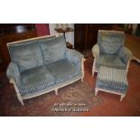 EDWARDIAN THREE PIECE SUITE COMPRISING TWO SEAT SETTEE (140CM WIDE), ARMCHAIR AND FOOT STOOL,