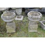 PAIR OF COMPOSITION STONE URNS, EACH 66CM HIGH