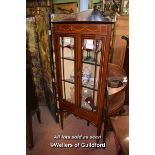 EDWARDIAN INLAID MAHOGANY CORNER DISPLAY CABINET WITH TWO GLAZED DOORS ENCLOSING SHELVES ON TAPERING