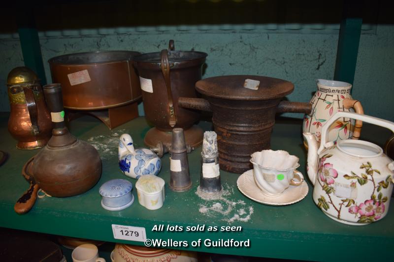 THREE SHELVES OF MAINLY PORCELAIN INCLUDING SOME COPPER ITEMS - Image 2 of 4