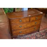 VICTORIAN MAHOGANY BOWFRONT CHEST OF TWO SHORT AND TWO LONG DRAWERS ON SPLAY LEGS, 84CM X 117CM (
