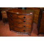 VICTORIAN MAHOGANY BOWFRONT CHEST OF TWO SHORT AND THREE LONG DRAWERS ON BRACKET FEET, 108CM WIDE (