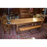 PLANK TOP OAK REFECTORY TABLE WITH CLEATED ENDS, RAISED ON TURNED STRETCHERED SUPPORT, 243CM X 88CM,