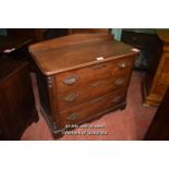 19TH CENTURY CONTINENTAL CHESTNUT CHEST OF THREE LONG DRAWERS WITH CARVED HANDLES, 110CM WIDE (822