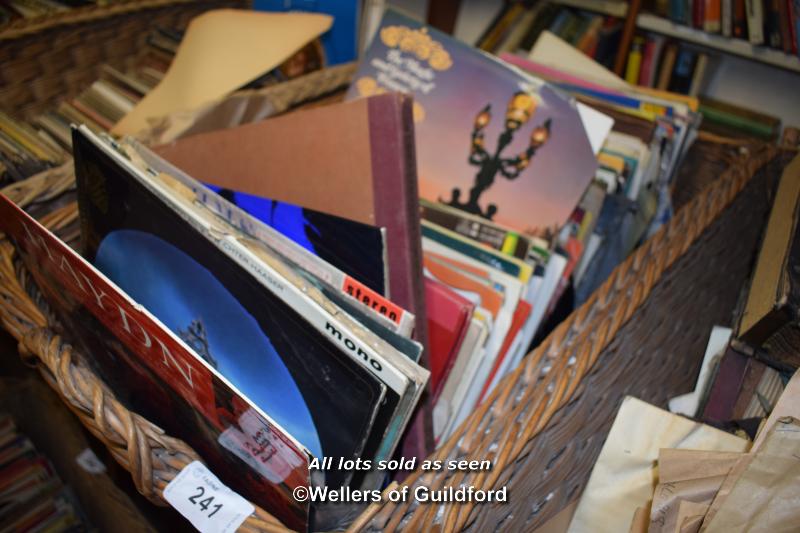 LARGE BASKET OF MIXED VINTAGE VINYL RECORDS OF DIFFERENT GENRES