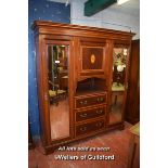EDWARDIAN INLAID MAHOGANY TRIPLE WARDROBE WITH CENTRAL CUPBOARD OVER OPEN SHELF WITH THREE DRAWERS