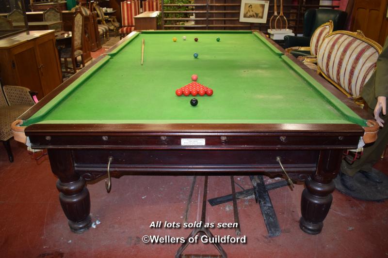 FULL SIZE SLATE BED MAHOGANY BILLIARDS TABLE BY COX & YEMAN, WITH SET OF BILLIARD BALLS, CUES, - Image 3 of 11