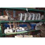 TWO SHELVES OF MIXED SANITARY WARE INCLUDING A BLUE BATHROOM SET