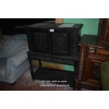 VICTORIAN EBONISED AND CARVED OAK CABINET ON STAND, 102CM WIDE