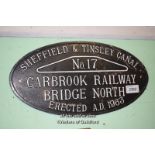 VINTAGE METAL SIGN 'SHEFFIELD & TINSLEY CANAL NO. 17 CARBROOK RAILWAY BRIDGE NORTH, ERECTED AD