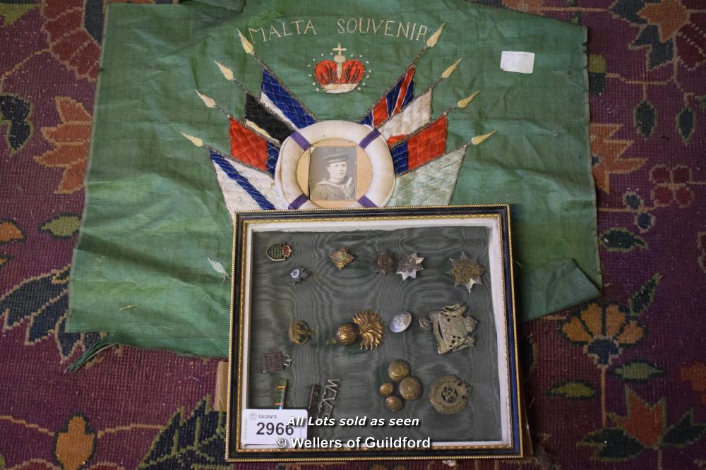 FRAMED AND GLAZED MILITARY BUTTONS AND WW2 MALTA SILK SOUVENEIR