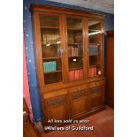 LATE VICTORIAN MAHOGANY AND OAK LIBRARY BOOKCASE WITH THREE GLAZED DOORS ENCLOING ADJUSTABLE SHELVES