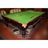 FULL SIZE SLATE BED MAHOGANY BILLIARDS TABLE BY COX & YEMAN, WITH SET OF BILLIARD BALLS, CUES,