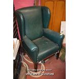 GREEN LEATHER WING BACK ARMCHAIR ON TAPERING SQUARE LEGS
