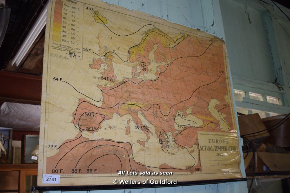 VINTAGE WALL MAP OF EUROPEAN TEMPERATURES FOR JULY; OLD MAP OF THE WEST COUNTRY