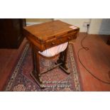 REGENCY ROSEWOOD WORK TABLE, THE FOLDING SWIVEL TOP WITH VELVET LINED SURFACE, SINGLE FRIEZE DRAWER,