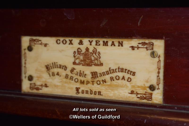 FULL SIZE SLATE BED MAHOGANY BILLIARDS TABLE BY COX & YEMAN, WITH SET OF BILLIARD BALLS, CUES, - Image 8 of 11