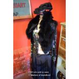 TAILORS DUMMY WITH FUR STOLE, BLACK HAT AND SKIRT