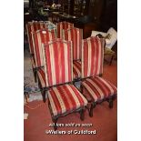 SET OF SIX UPHOLSTERED DINING CHAIRS ON STRETCHERED OAK SUPPORTS, RED STRIPE UPHOLSTERY