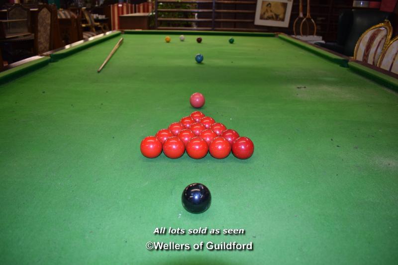 FULL SIZE SLATE BED MAHOGANY BILLIARDS TABLE BY COX & YEMAN, WITH SET OF BILLIARD BALLS, CUES, - Image 5 of 11