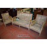 EARLY 20TH CENTURY THREE PIECE SUITE WITH CREAM PAINTED SHOW FRAME AND TAPESTRY STYLE MATERIAL